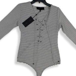 Kendall & Kylie Black Striped Plunging V- Neck Bodysuit Size Medium NWT